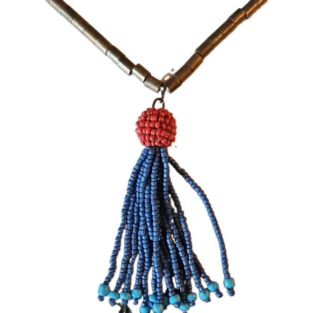 Vintage Native American Beaded Tassel Necklace Blue Disks